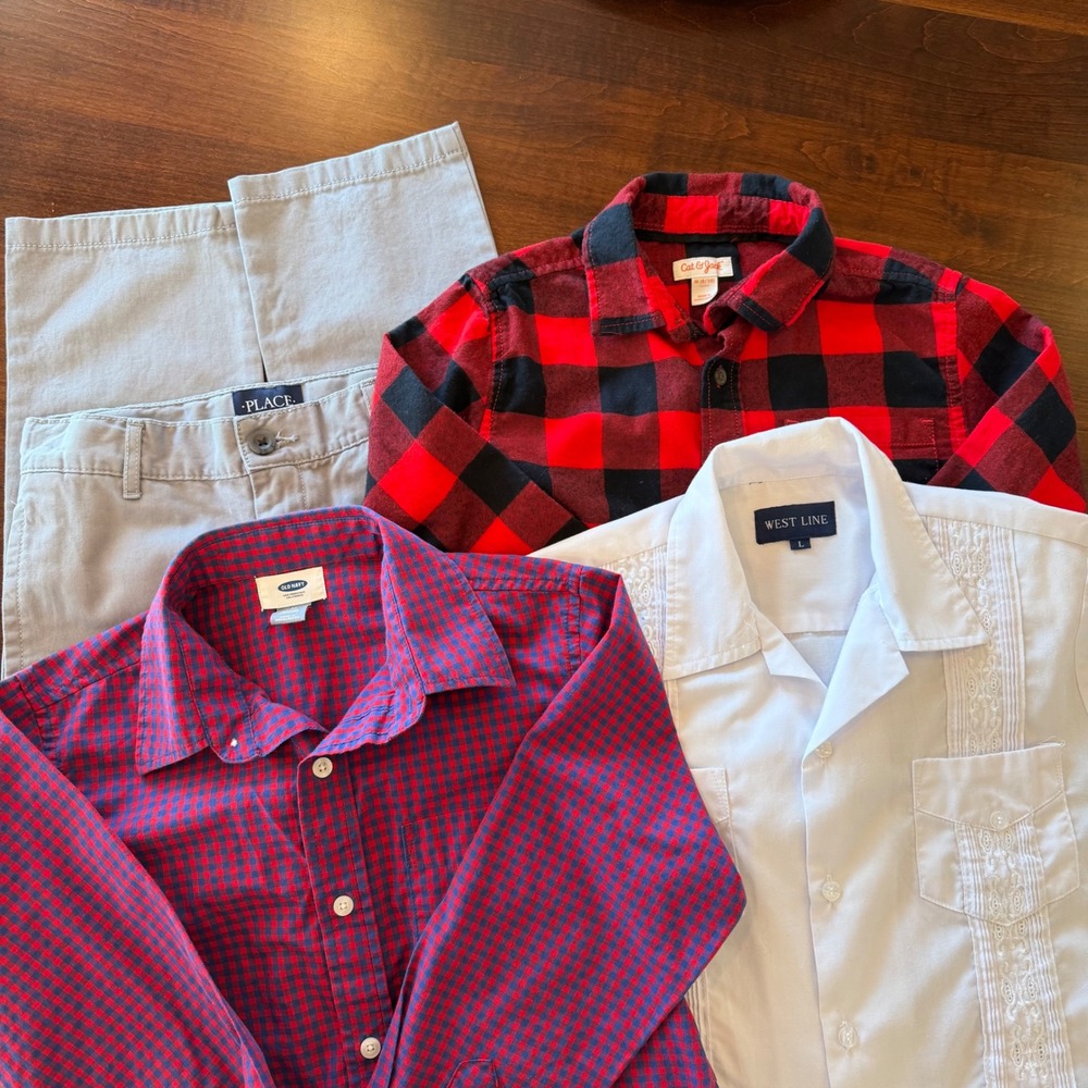 Boys 4 pc Clothing Lot Size 8-10 Guayabera Button Downs Checked Flannel Chinos